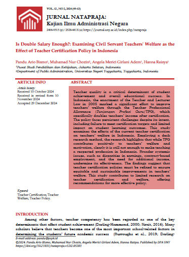 Is Double Salary Enough?: Examining Civil Servant Teachers’ Welfare as theEffect of Teacher Certification Policy in Indonesia